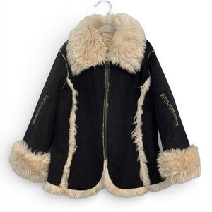 Mayoral Jacket Black Suede Effect Cream Faux Fur Teddy Zip Up Cozy Winter Coat